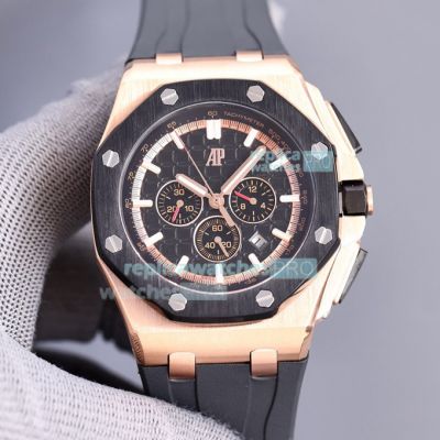 Copy Audemars Piguet Royal Oak Offshore watch Black Dial Black Bezel Black rubber Strap Rose Gold Case 43mm